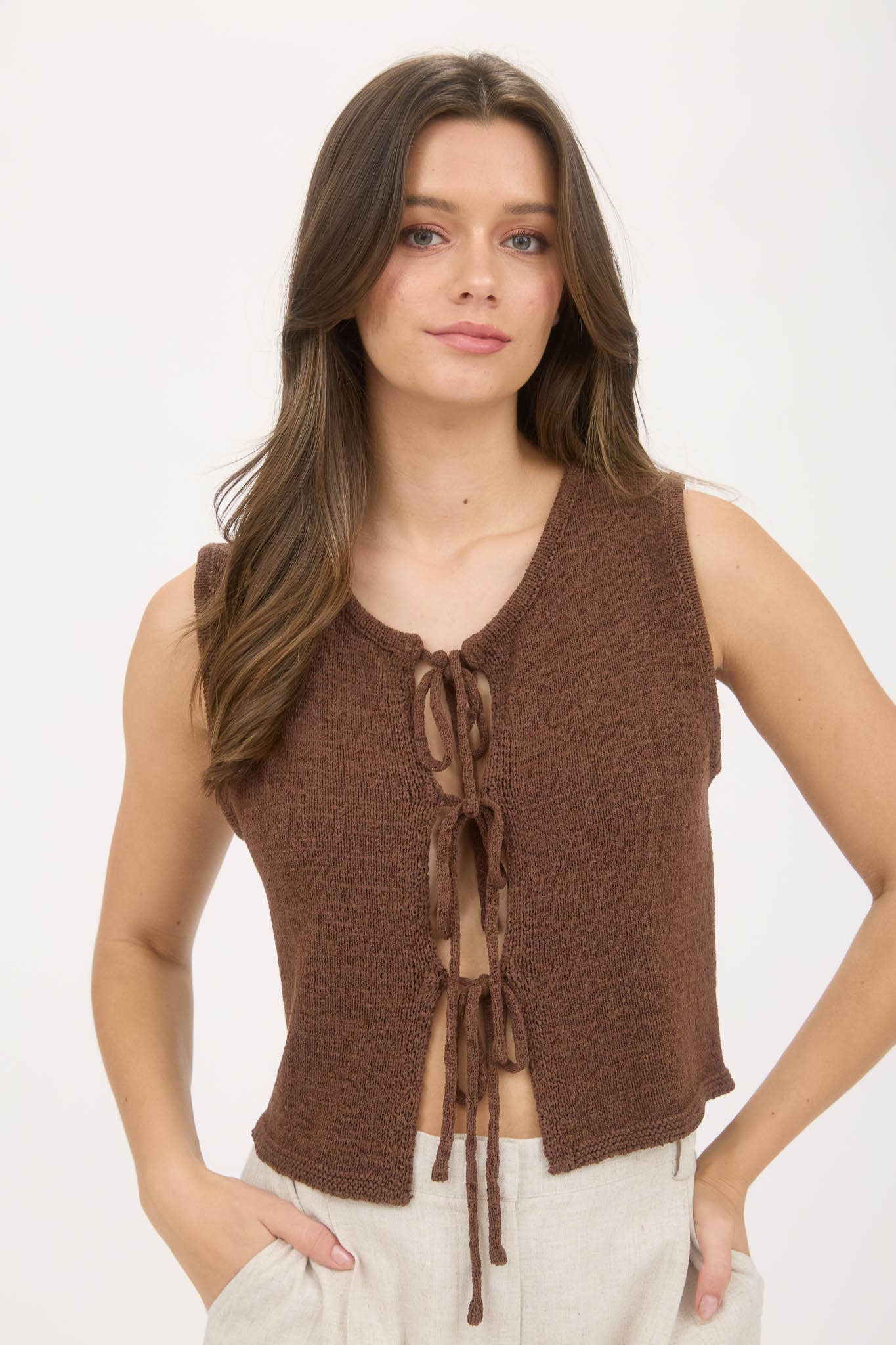 FRONT TIE SLEEVELESS KNIT SWEATER VEST
