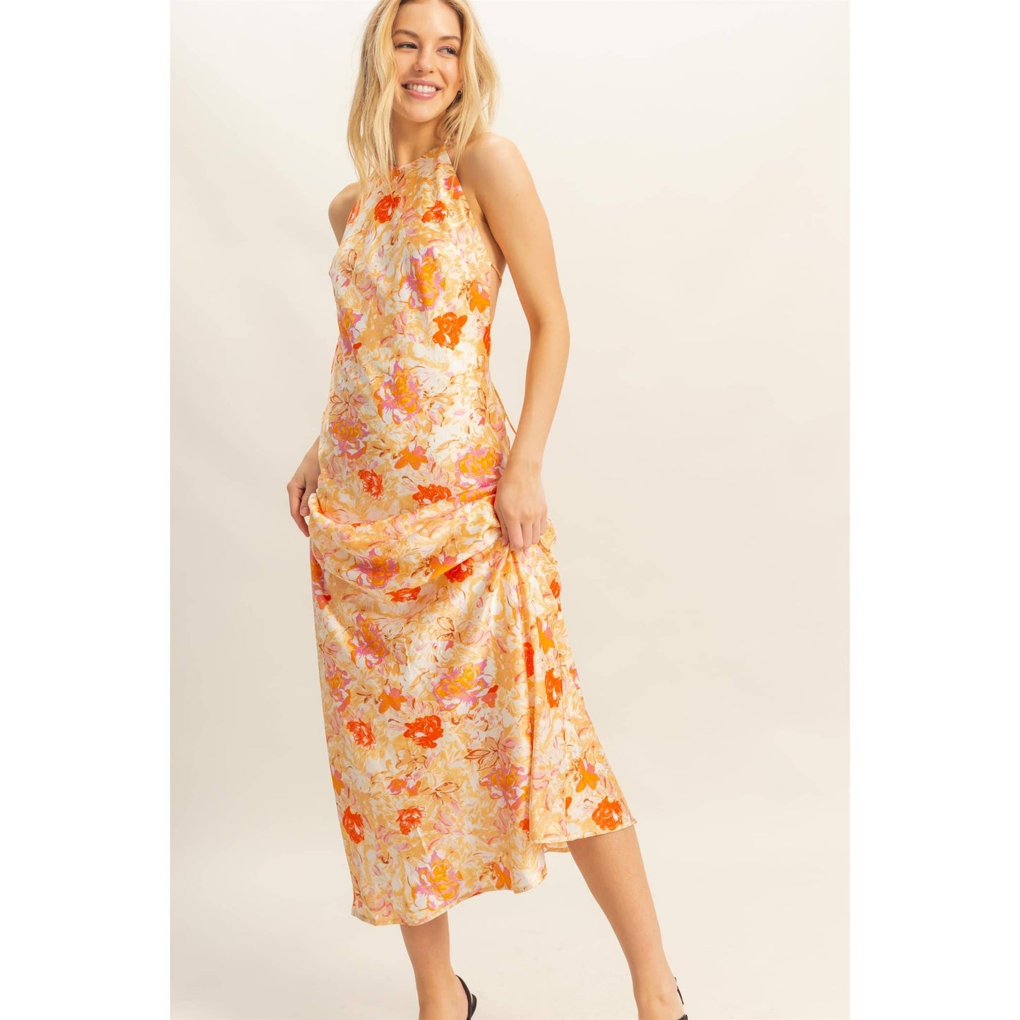 Floral Print Halter Neck Satin Maxi Dress