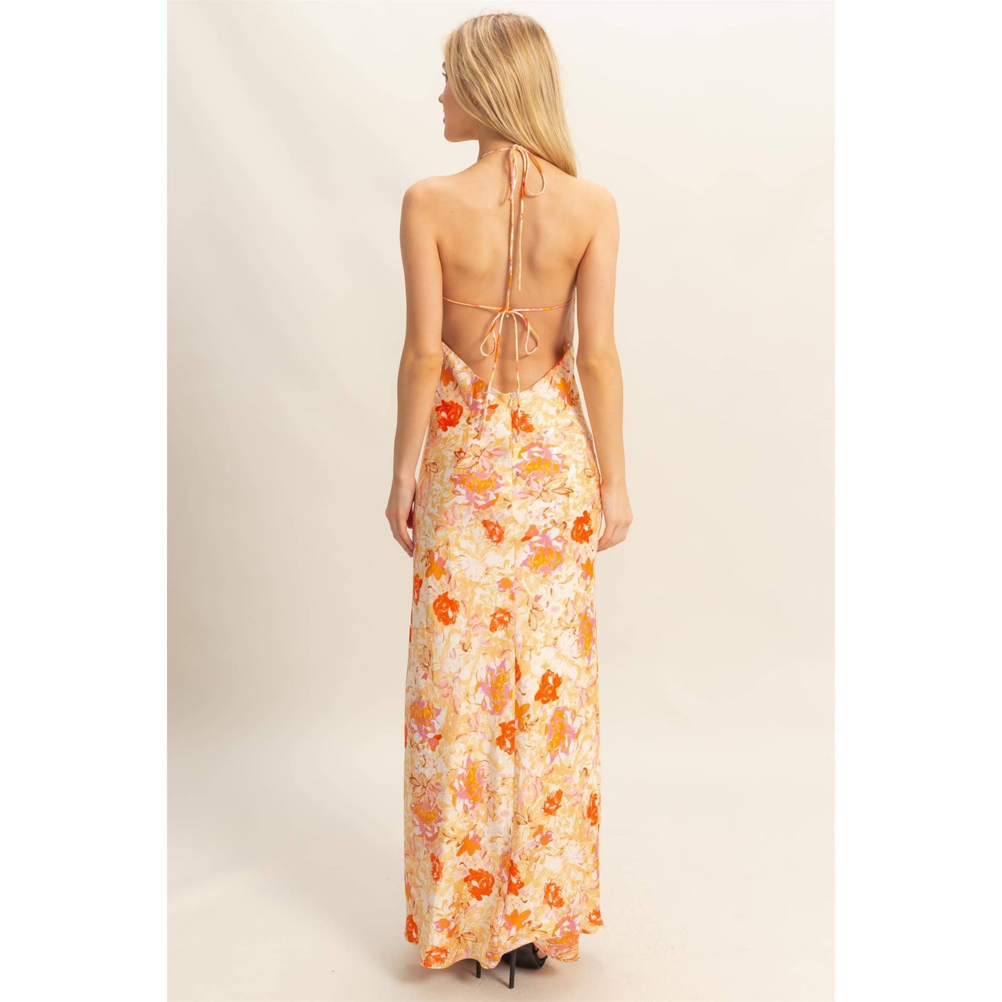 Floral Print Halter Neck Satin Maxi Dress