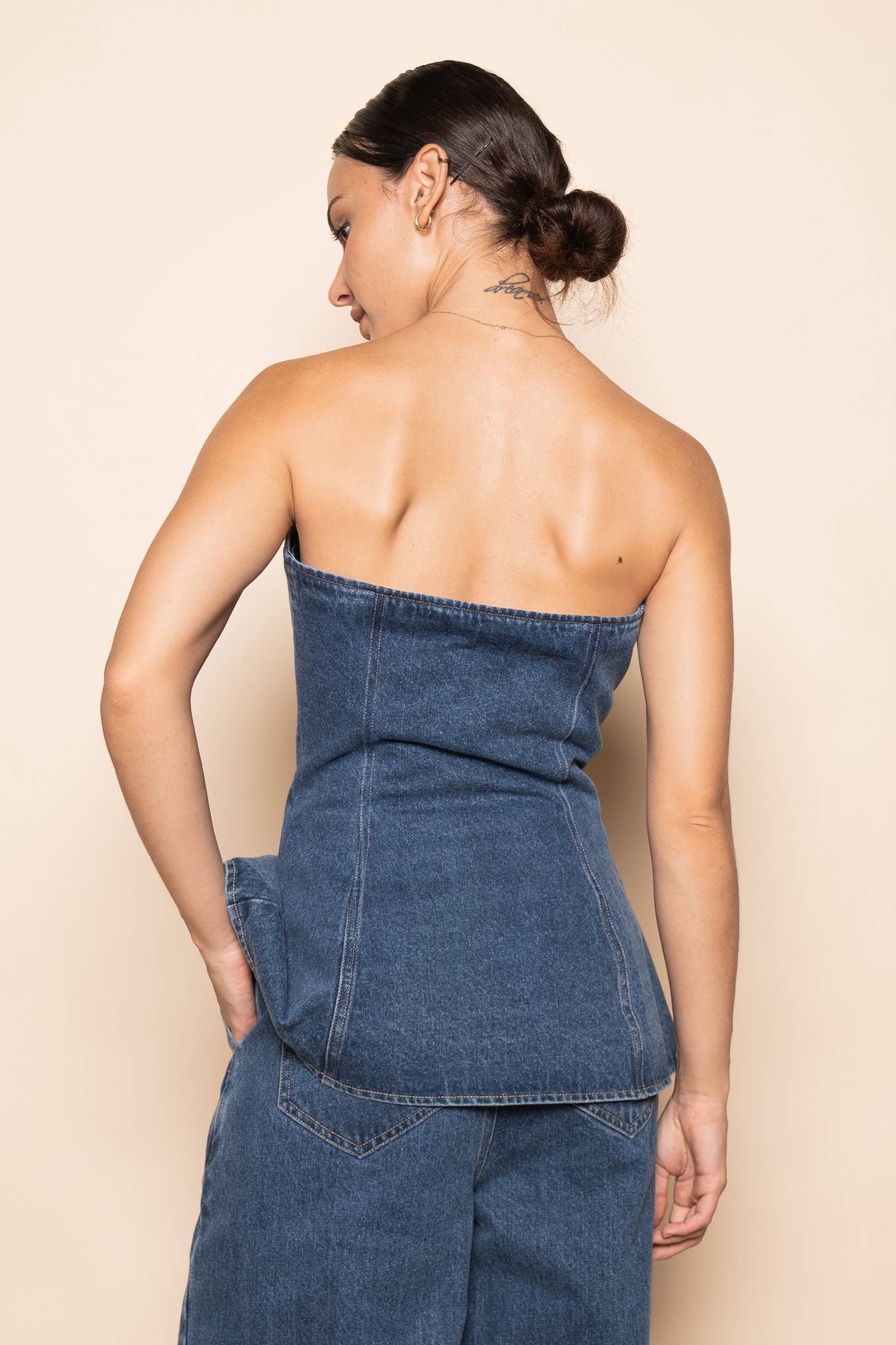 DENIM JEAN STRAPLESS BUTTON FRONT FITTED TUBE TOP - TI6949FO Fore Collection