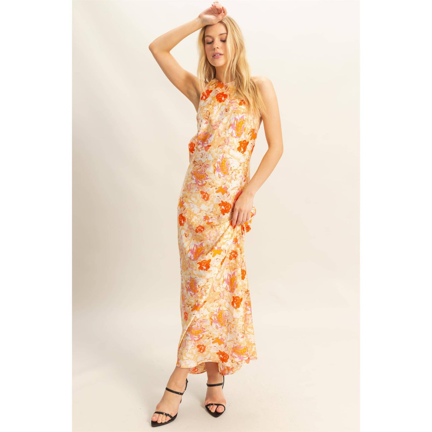 Floral Print Halter Neck Satin Maxi Dress