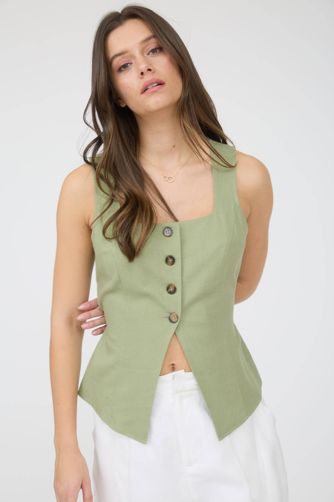 LINEN BUTTON DOWN SPLIT HEM CROPPED VEST