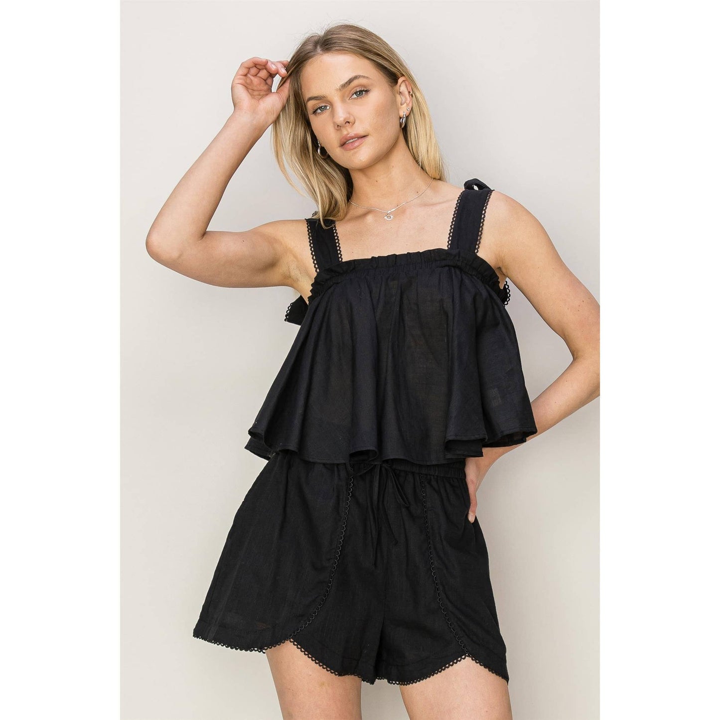 Romina Tie Shoulder Babydoll Crop Top Over Thirty Boutique