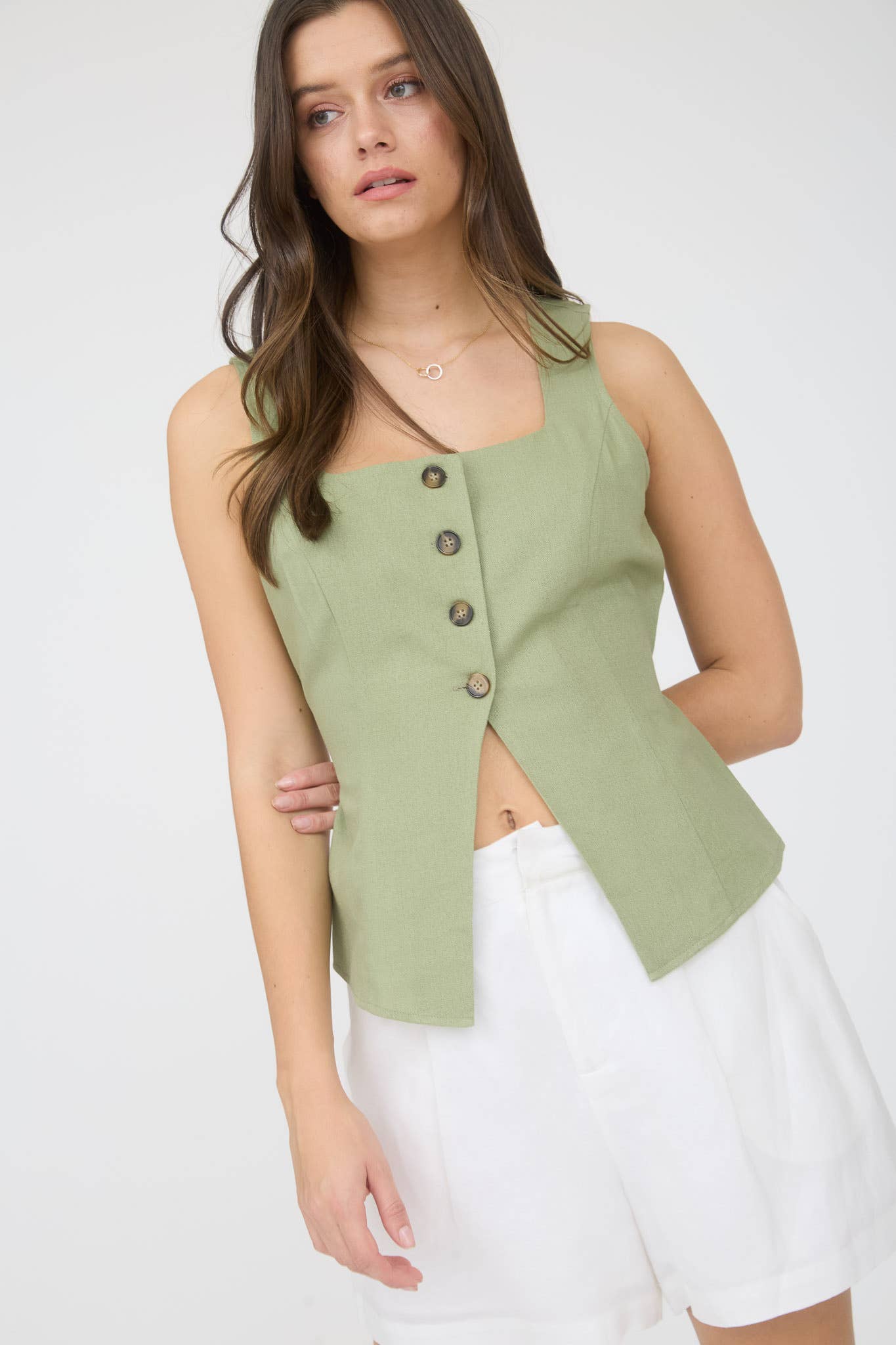 LINEN BUTTON DOWN SPLIT HEM CROPPED VEST