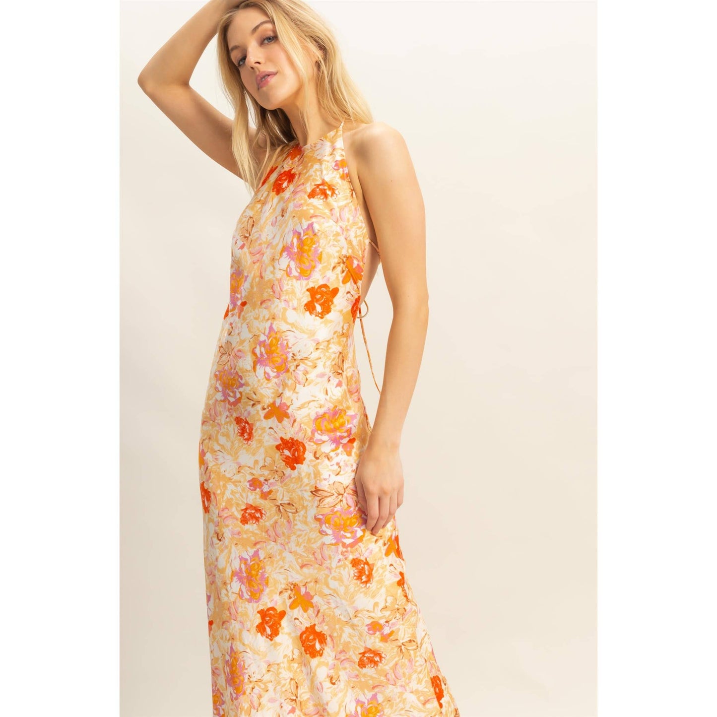 Floral Print Halter Neck Satin Maxi Dress