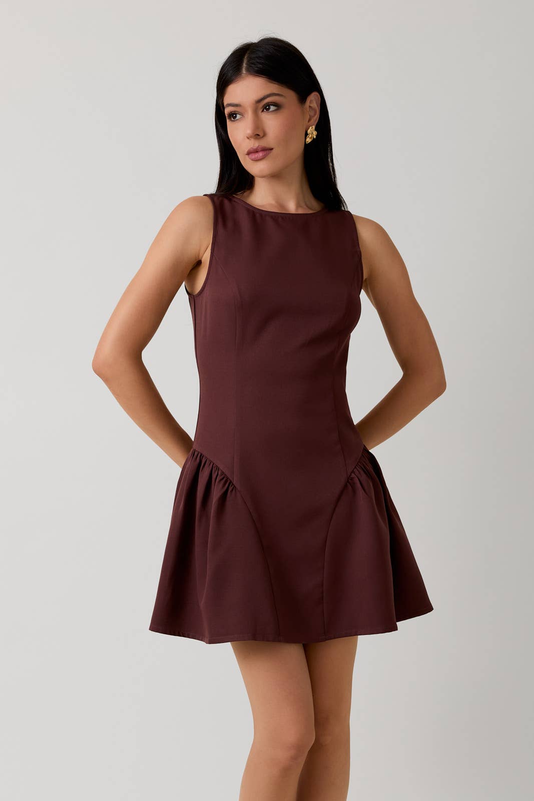 SHAY BOAT NECK MINI DRESS Brown / S SHAY BOAT NECK MINI DRESS Brown / S