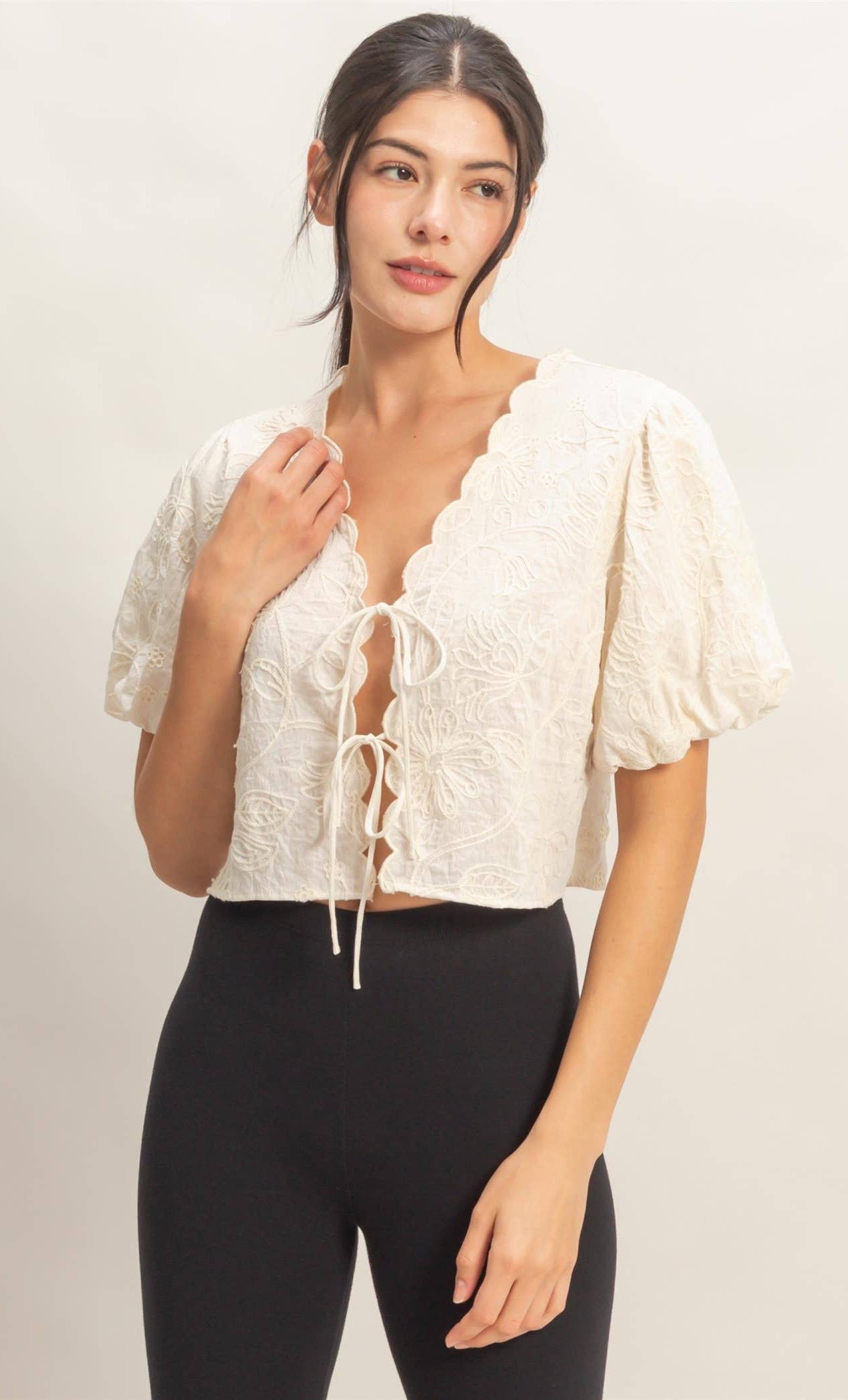 Floral Embroidered Tie-Front Top HYFVE