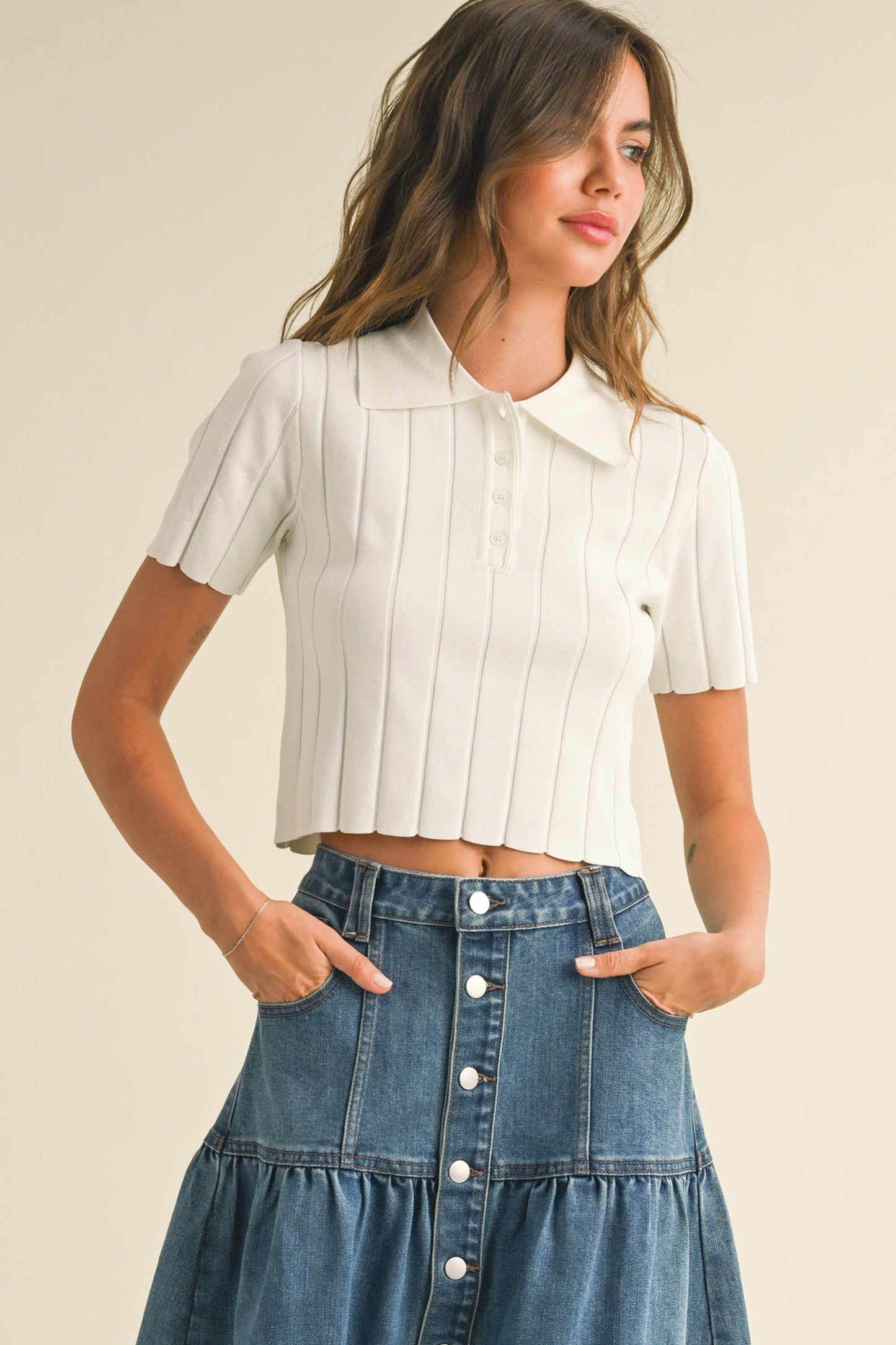 RIBBED DETAIL KNITTED COLLAR POLO