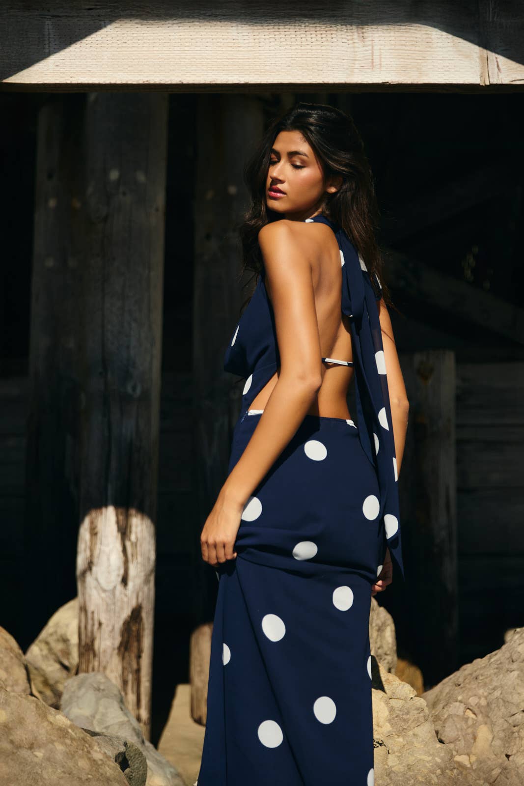 POLKA DOT MAXI DRESS WITH ATTACHED SCARF LE LIS