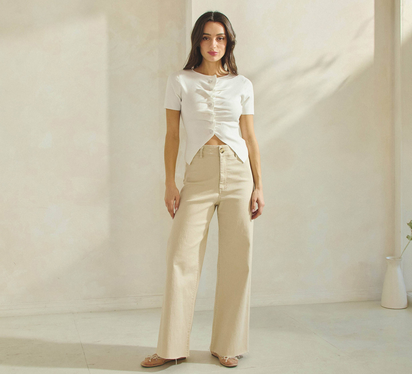 Button Pleated Split Knit Top