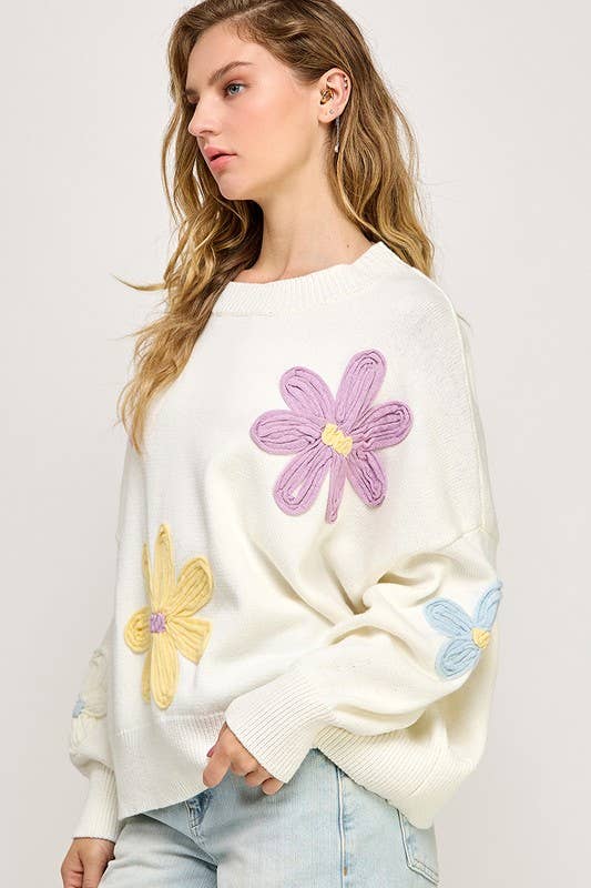 SOFT EMBROIDERED PASTEL FLORAL OVERSIZED SWEATER