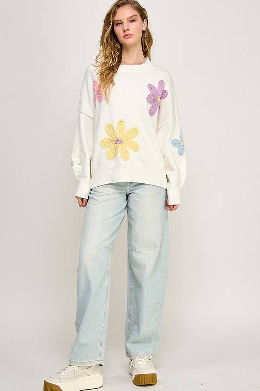 SOFT EMBROIDERED PASTEL FLORAL OVERSIZED SWEATER