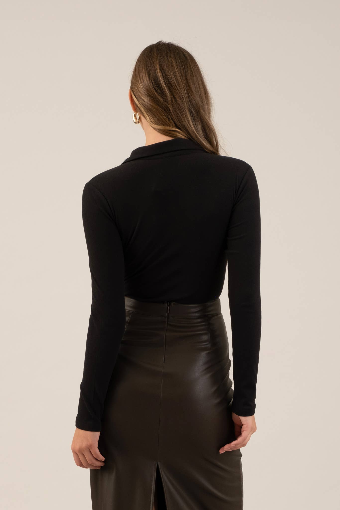 DARK BROWN HIGH WAISTED LEATHER SLIT MIDI SKIRT