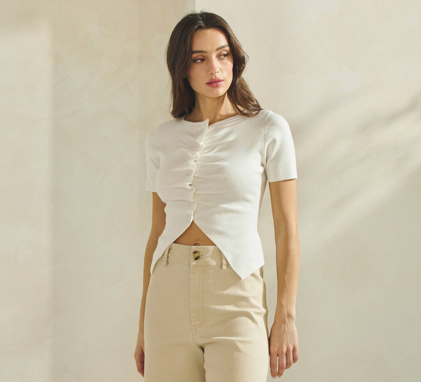 Button Pleated Split Knit Top
