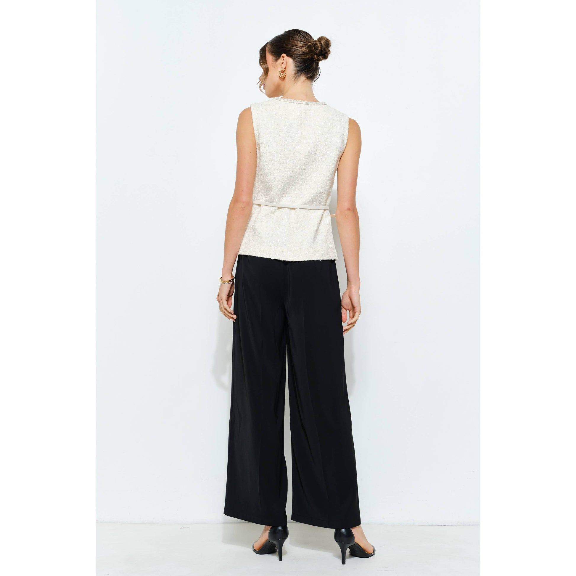 Belted Sequin Tweed Sleeveless Top INA