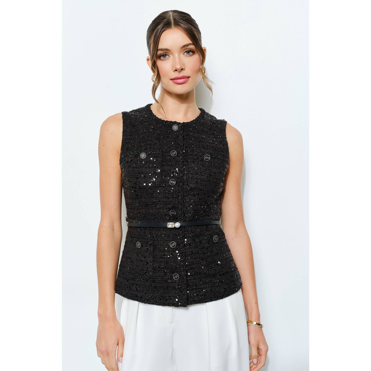 Belted Sequin Tweed Sleeveless Top INA