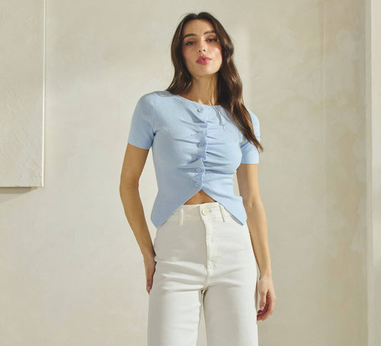 Button Pleated Split Knit Top