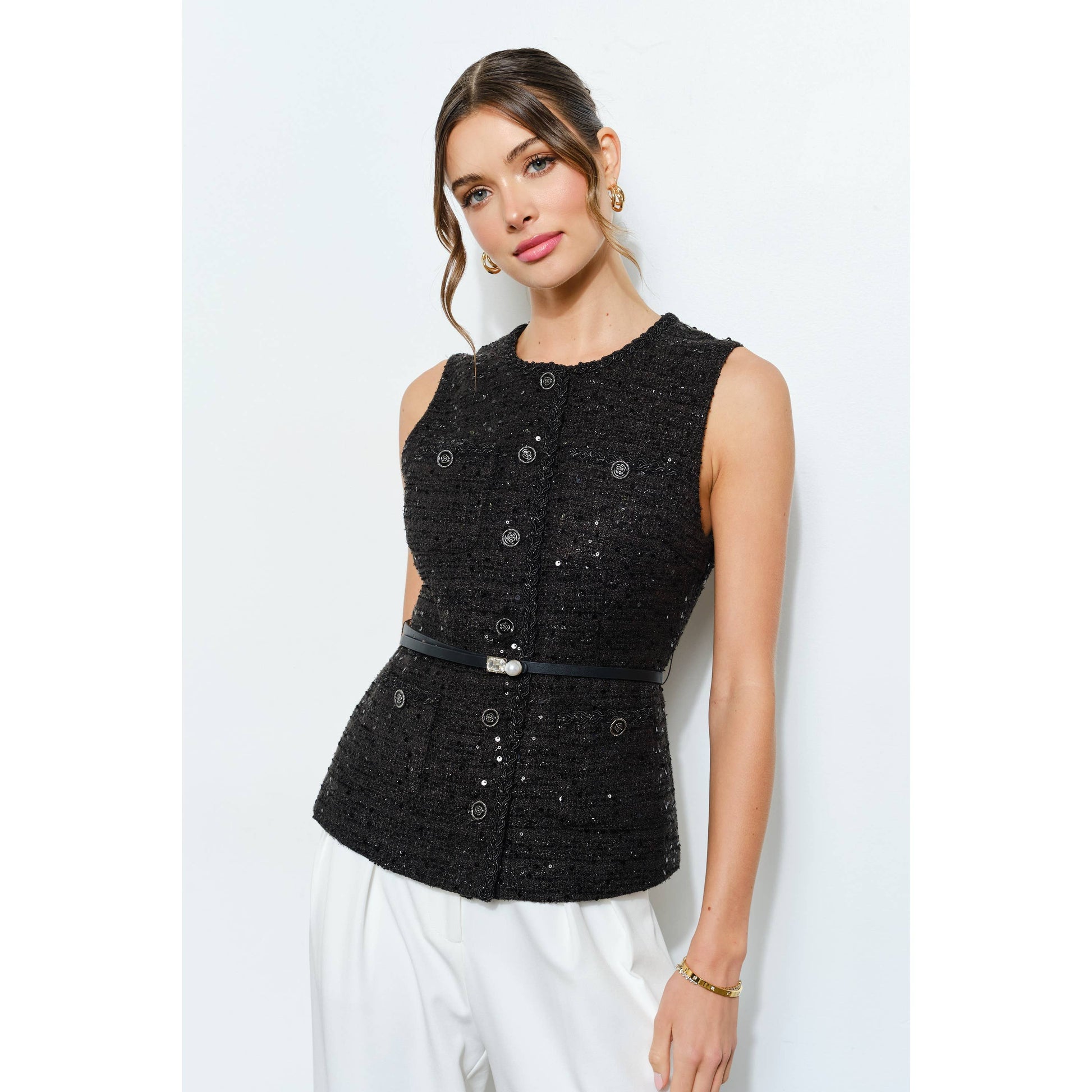 Belted Sequin Tweed Sleeveless Top INA