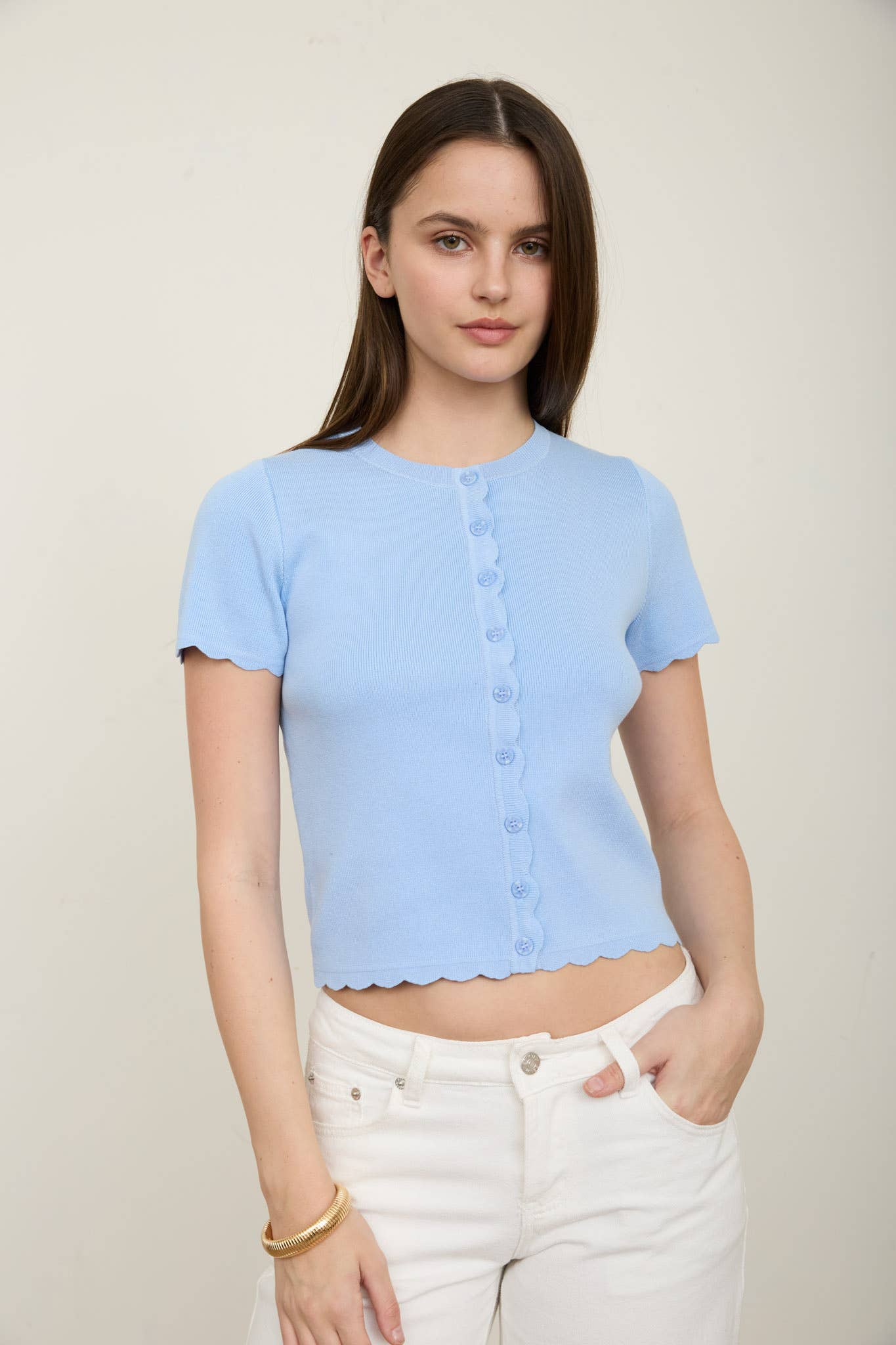 SCALLOPED SHORT SLEEVE BUTTON DOWN KNIT CARDIGAN The Workshop Studio