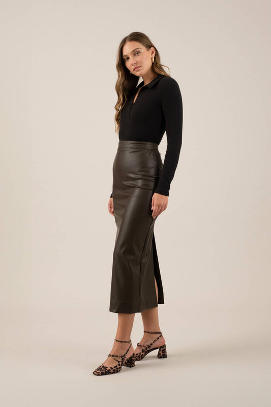 DARK BROWN HIGH WAISTED LEATHER SLIT MIDI SKIRT