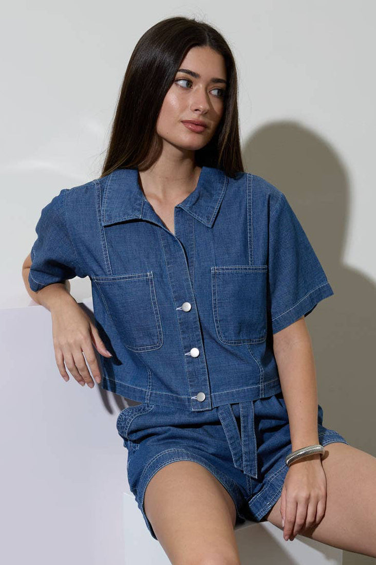 COLLARED BUTTON DOWN SHORT SLEEVE BOXY DENIM TOP The Workshop Studio