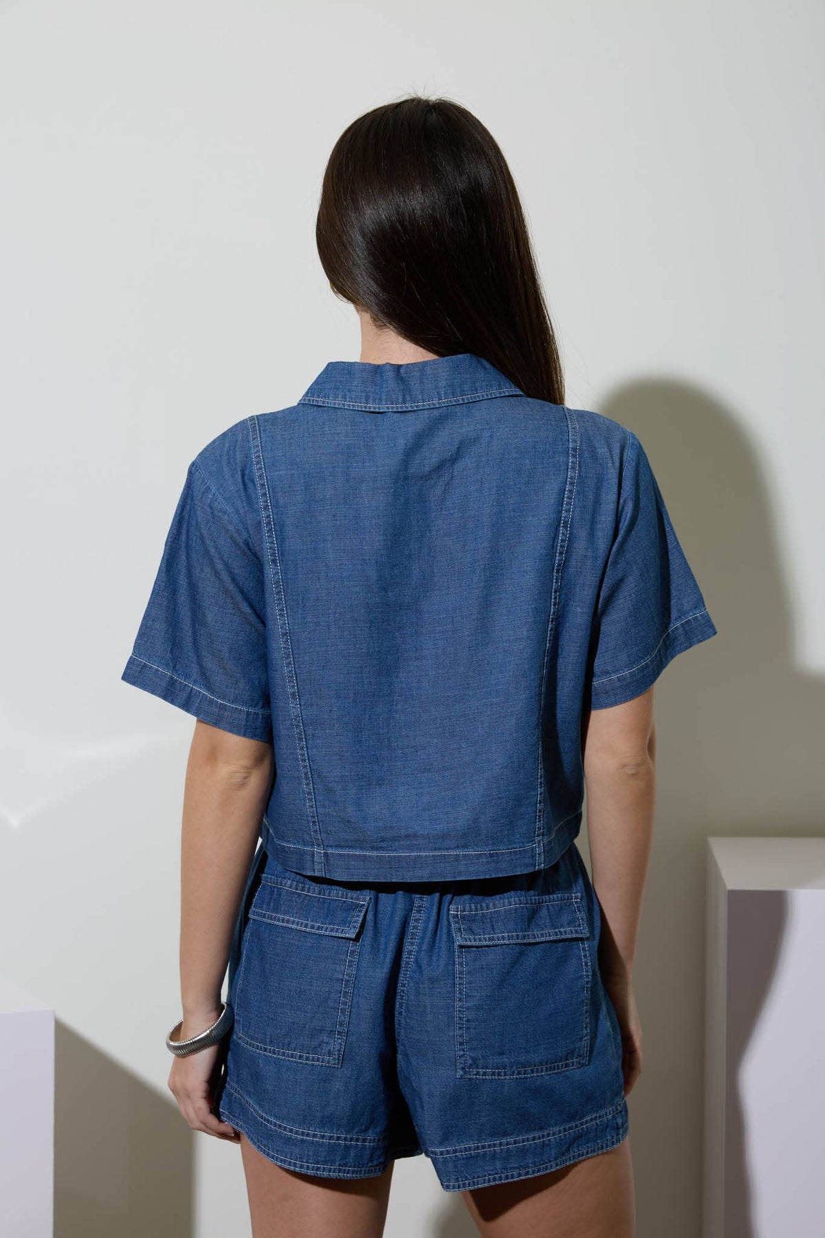 COLLARED BUTTON DOWN SHORT SLEEVE BOXY DENIM TOP The Workshop Studio