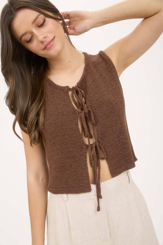 FRONT TIE SLEEVELESS KNIT SWEATER VEST