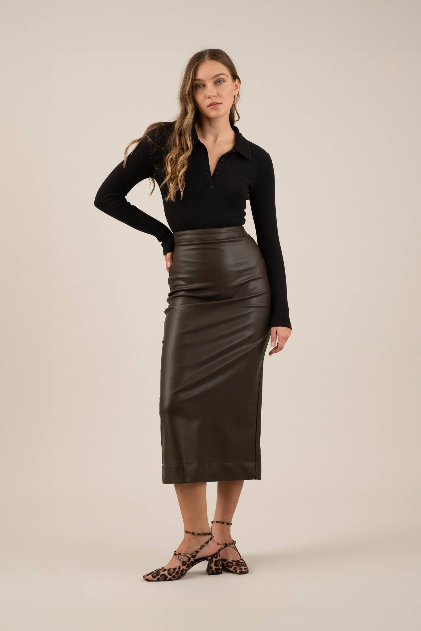 DARK BROWN HIGH WAISTED LEATHER SLIT MIDI SKIRT