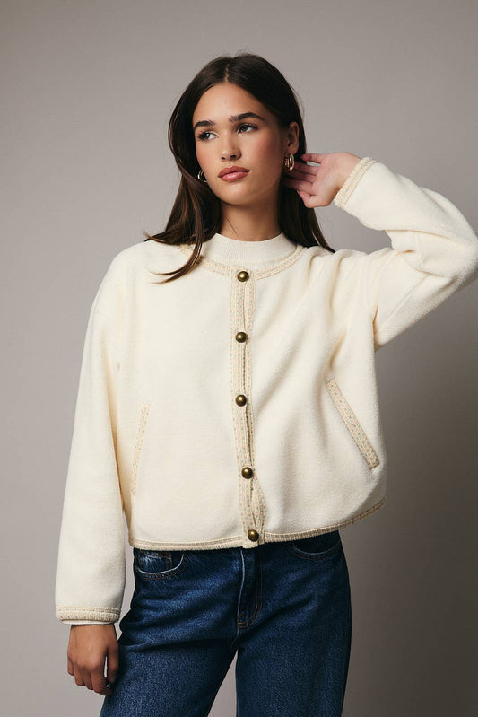ROUND NECK BUTTON DOWN FLEECE CARDIGAN Sunday Edition by LE LIS
