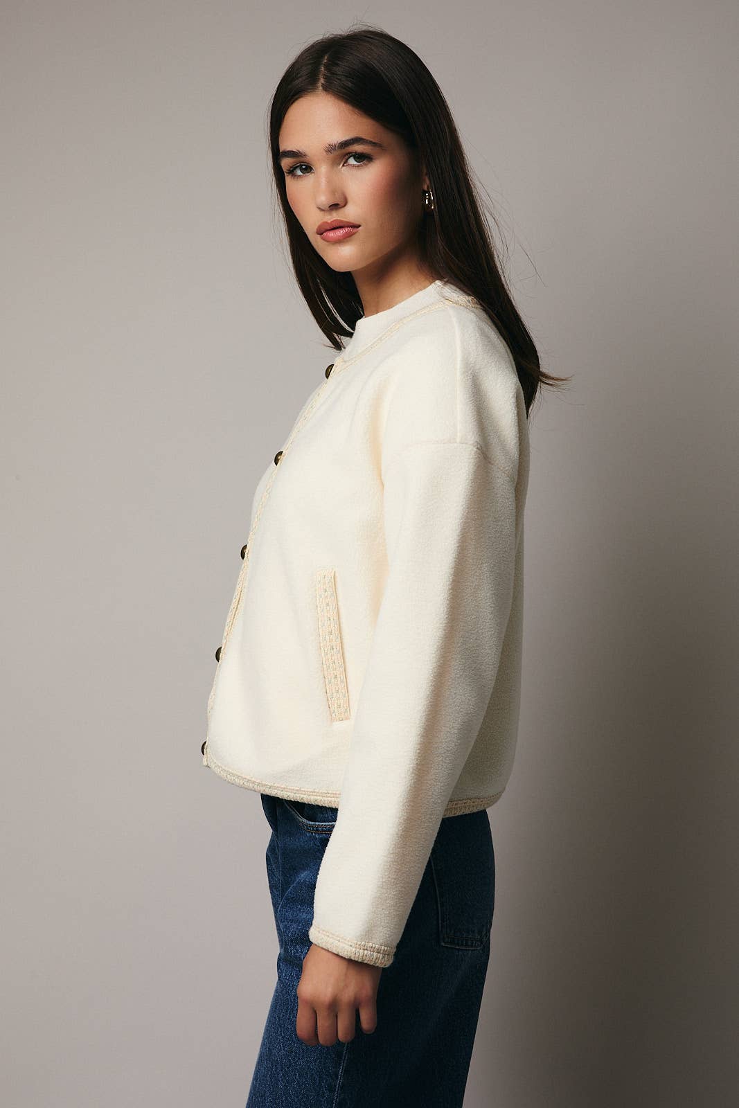 ROUND NECK BUTTON DOWN FLEECE CARDIGAN Sunday Edition by LE LIS