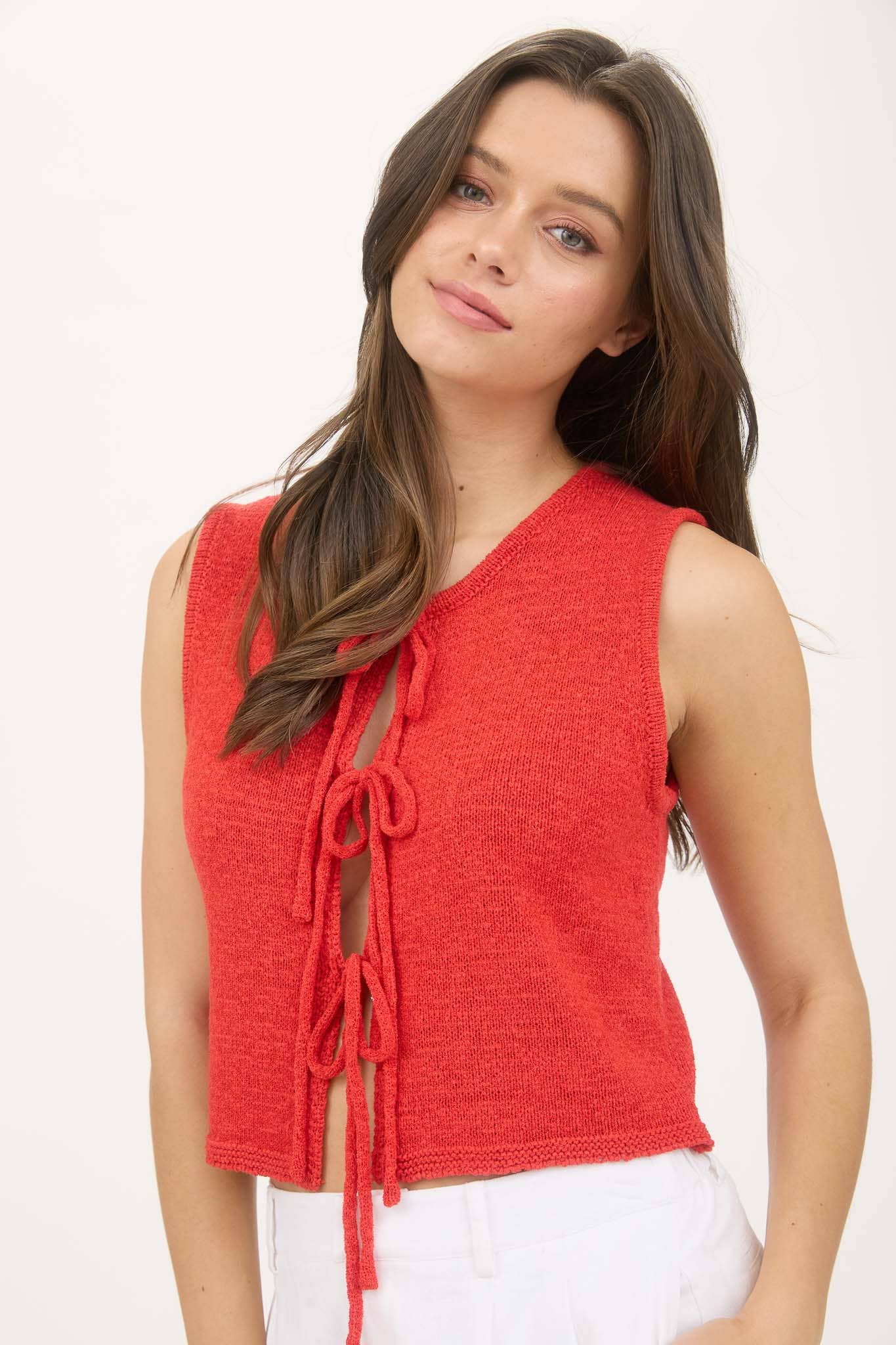 FRONT TIE SLEEVELESS KNIT SWEATER VEST