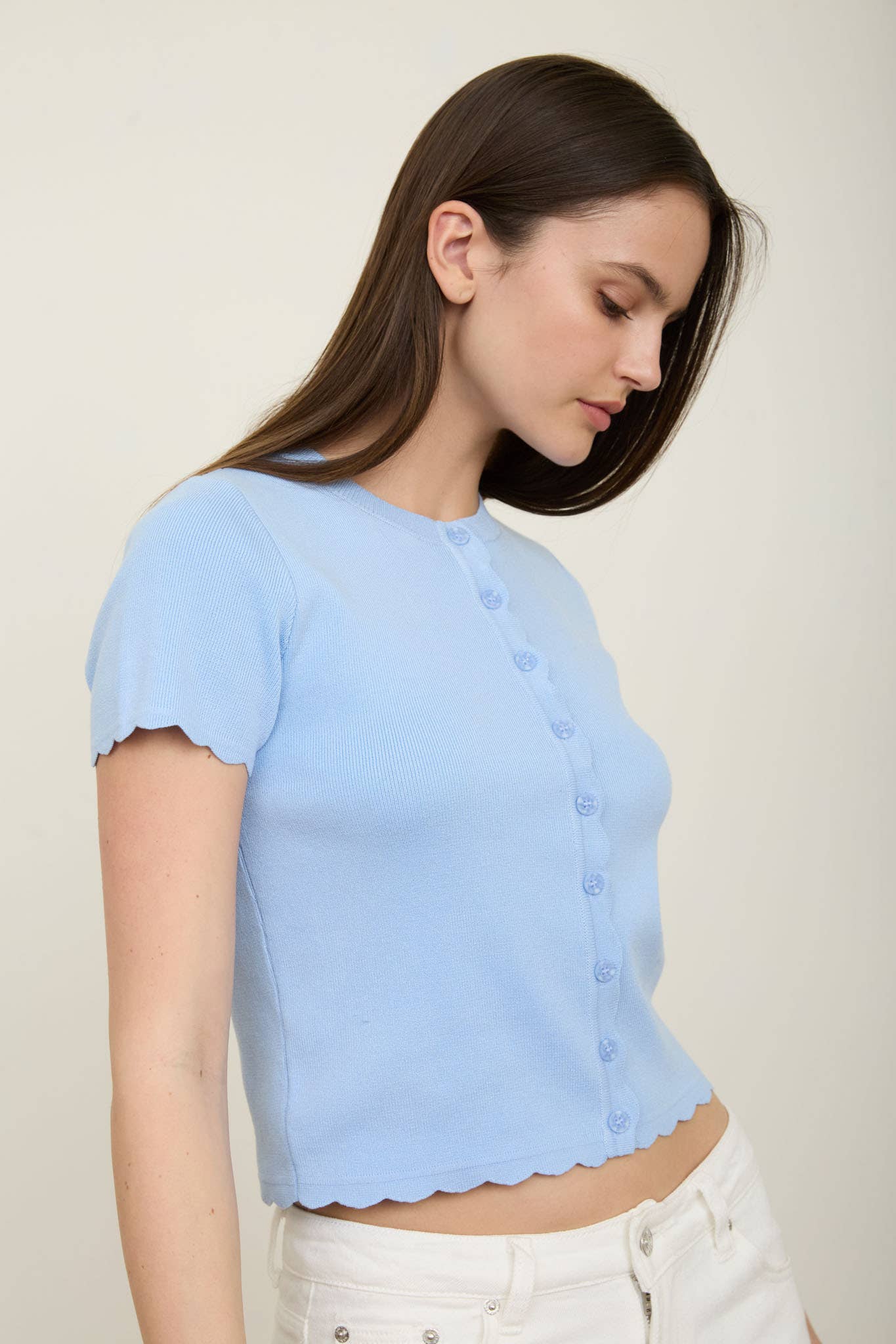 SCALLOPED SHORT SLEEVE BUTTON DOWN KNIT CARDIGAN The Workshop Studio