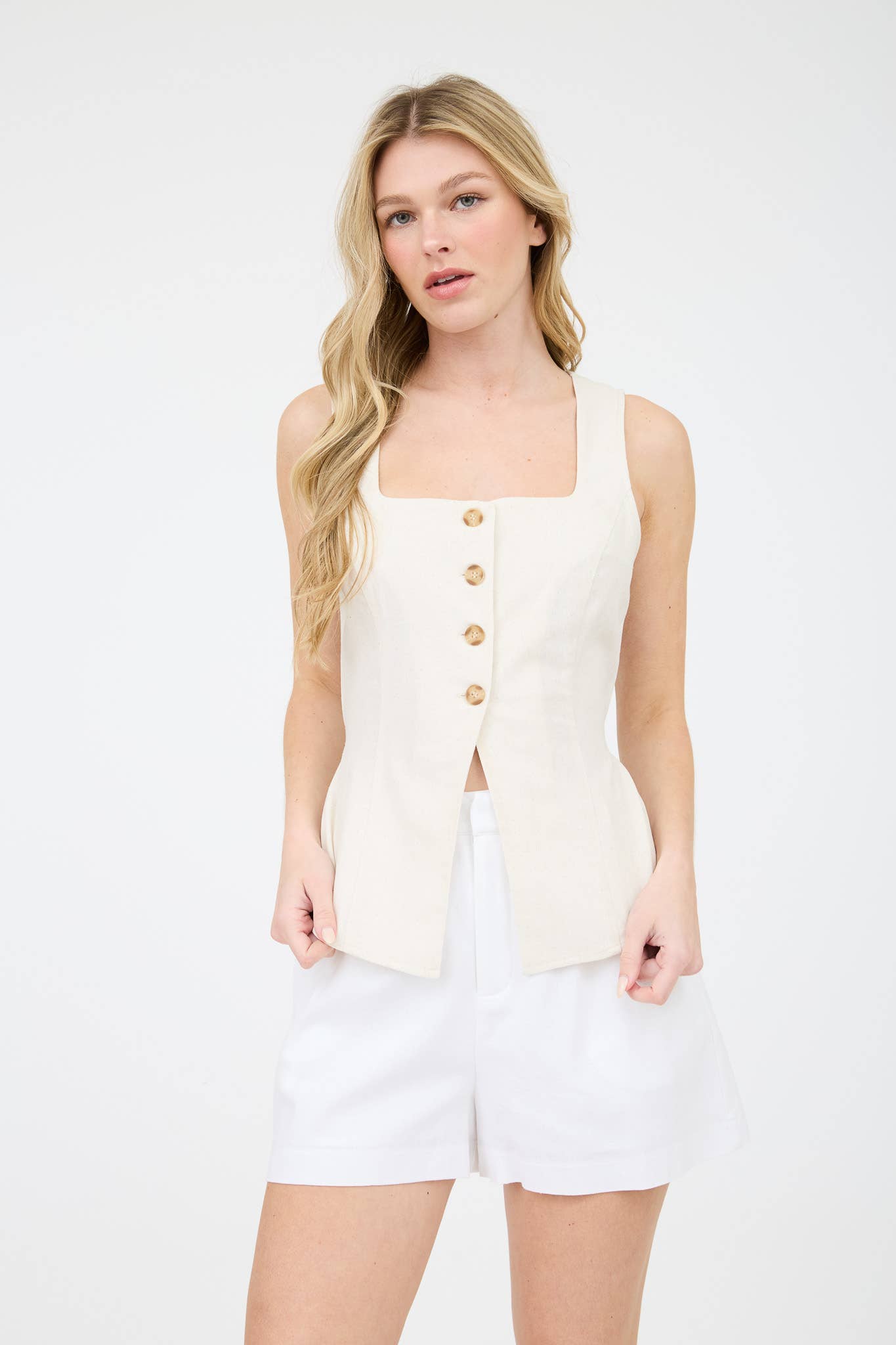 LINEN BUTTON DOWN SPLIT HEM CROPPED VEST