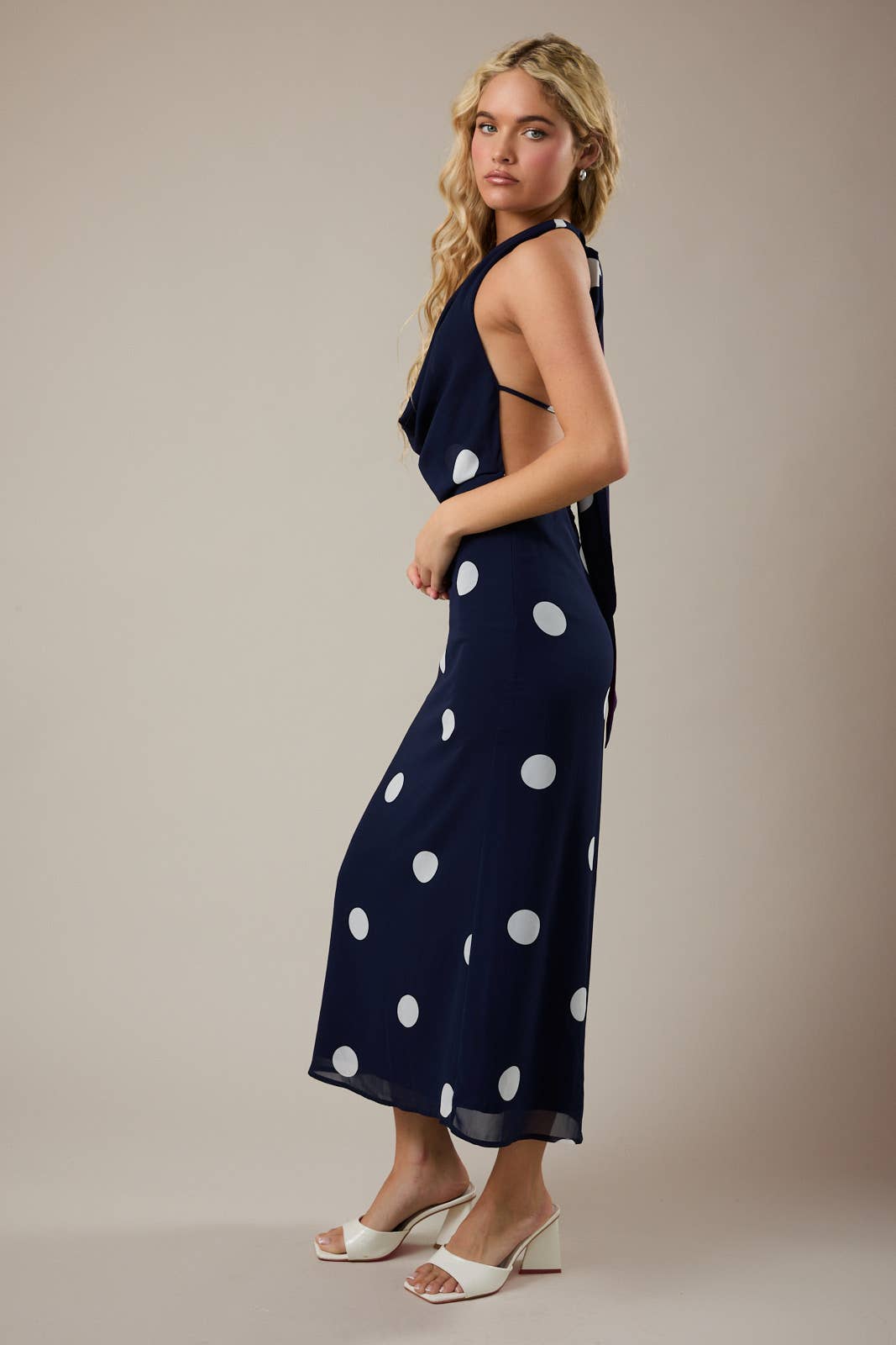 POLKA DOT MAXI DRESS WITH ATTACHED SCARF LE LIS