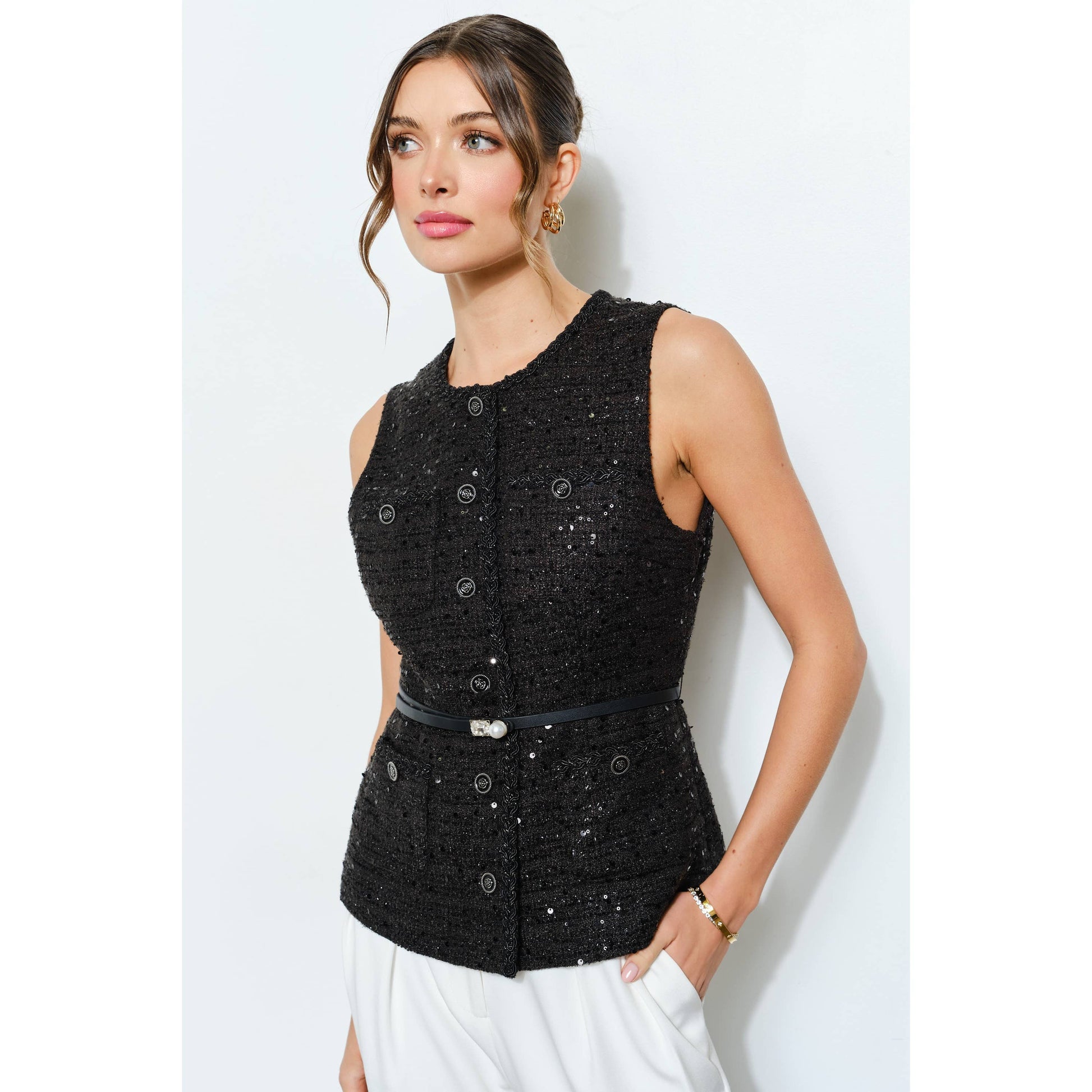 Belted Sequin Tweed Sleeveless Top INA