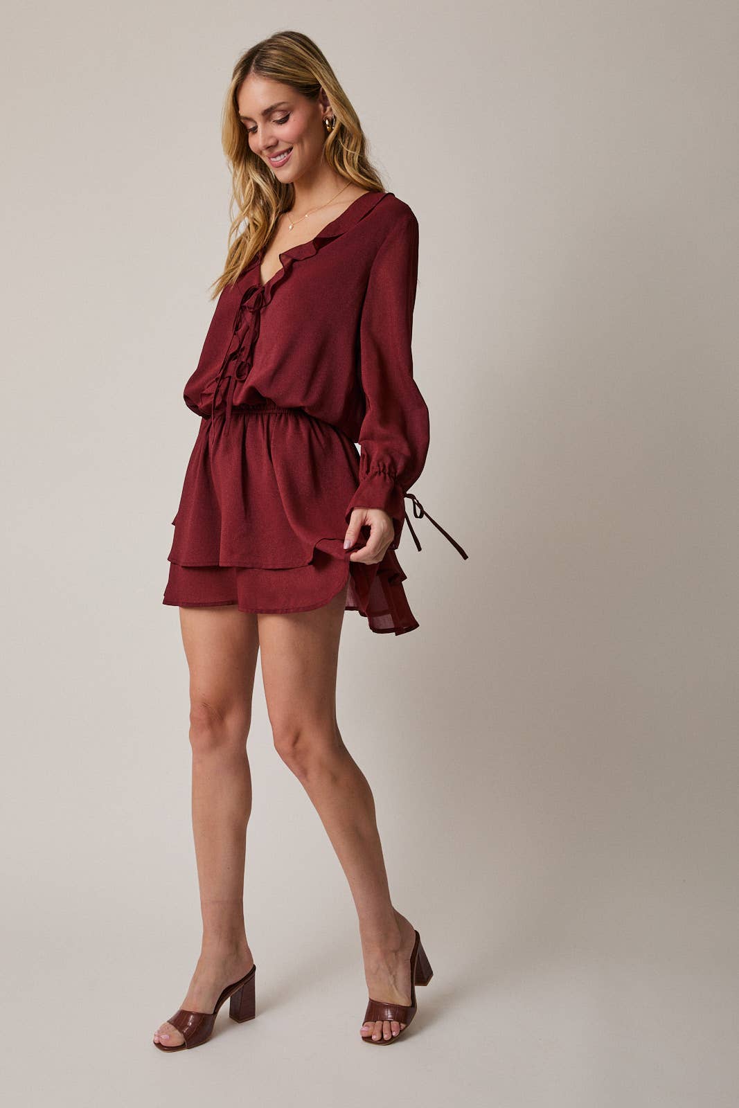 FRILLED V-NECK LONG SLEEVE MINI DRESS Sunday Edition by LE LIS