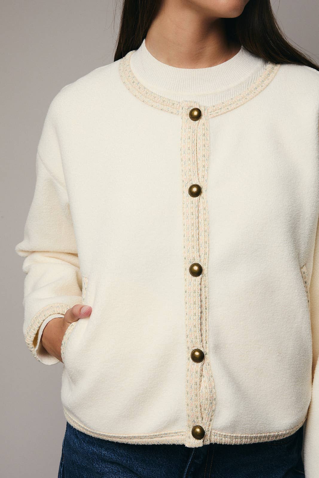 ROUND NECK BUTTON DOWN FLEECE CARDIGAN Sunday Edition by LE LIS