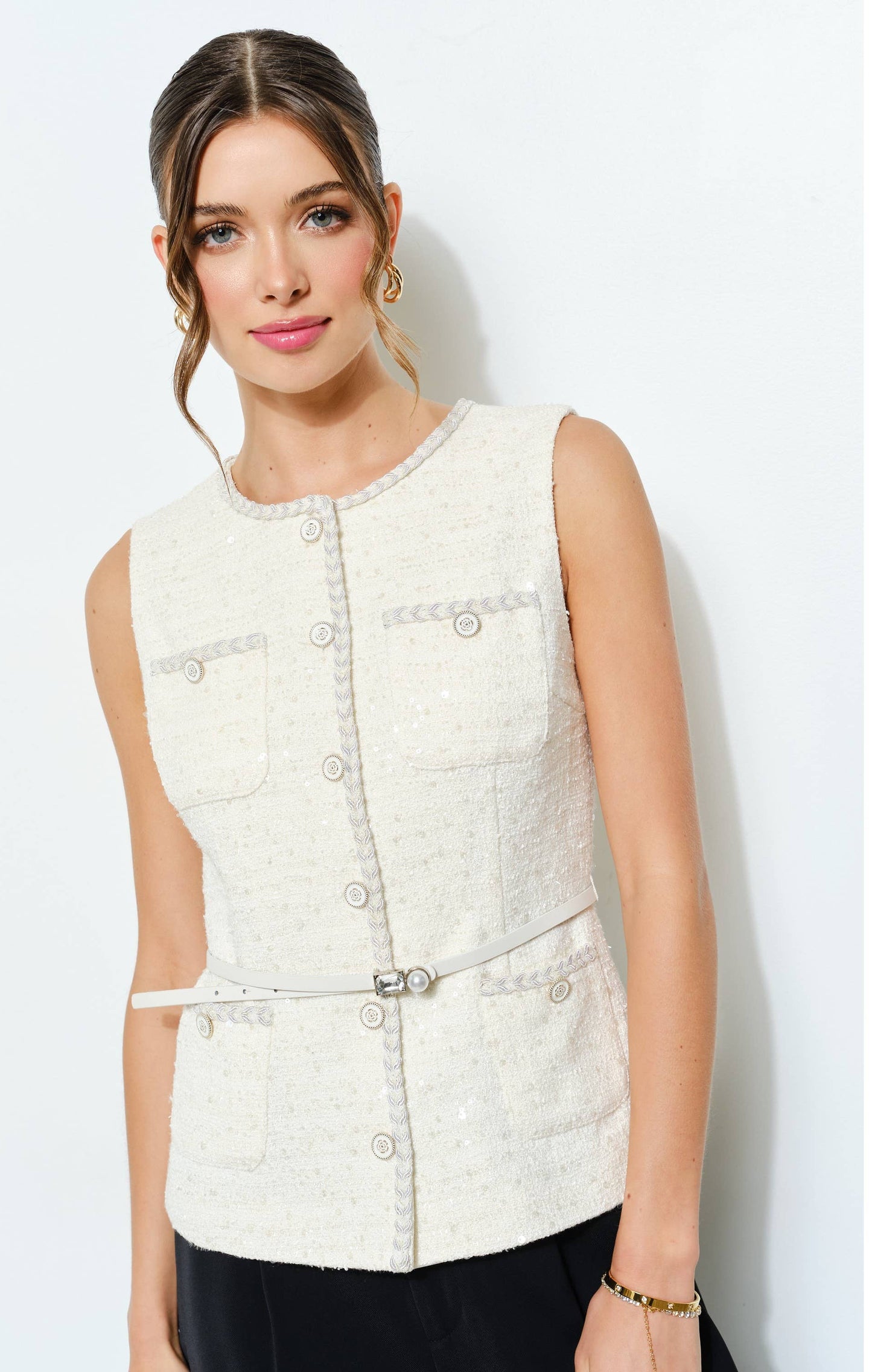 Belted Sequin Tweed Sleeveless Top INA