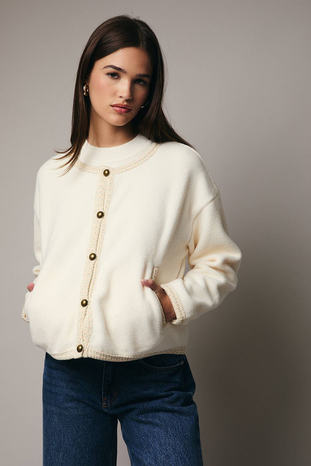 ROUND NECK BUTTON DOWN FLEECE CARDIGAN Sunday Edition by LE LIS