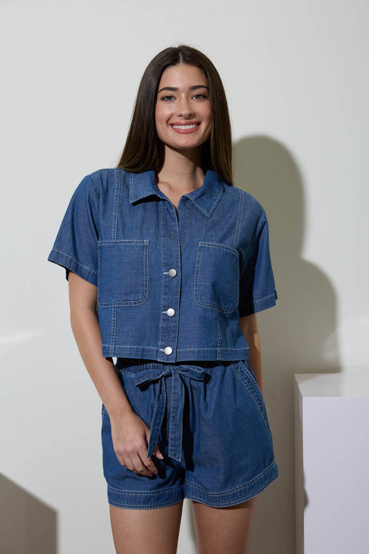 COLLARED BUTTON DOWN SHORT SLEEVE BOXY DENIM TOP The Workshop Studio