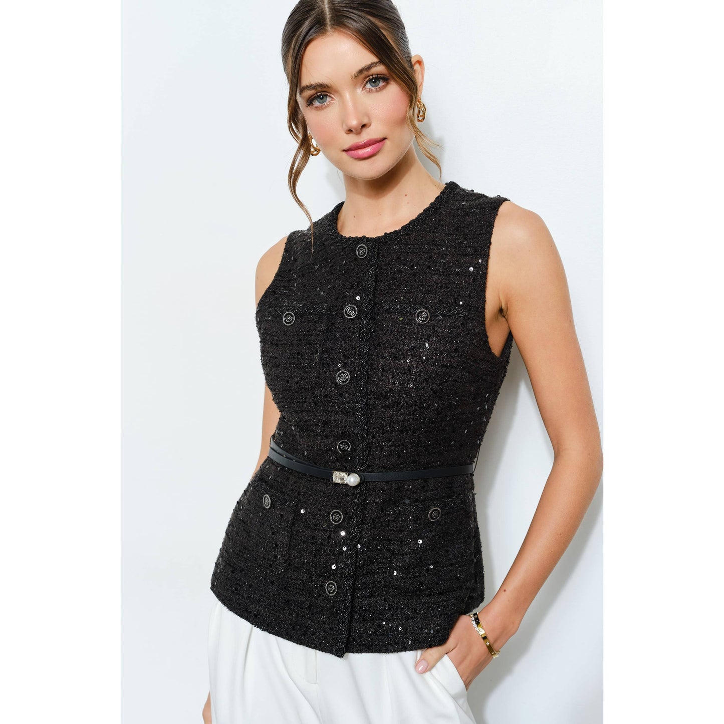 Belted Sequin Tweed Sleeveless Top INA