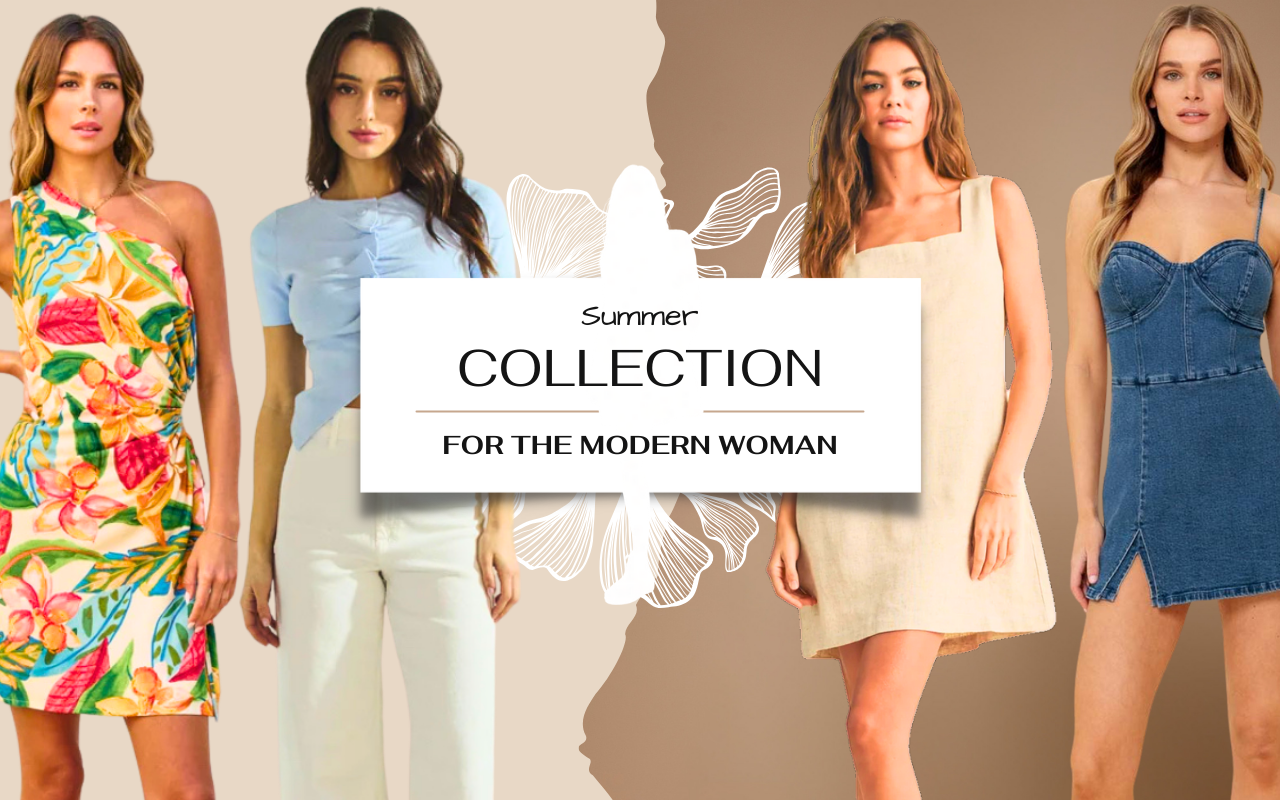 New summer collection, this shows an image of a floral dress, blue button down top, linen dress, and denim romper