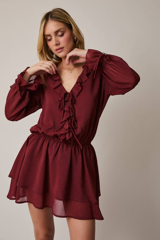 FRILLED V-NECK LONG SLEEVE MINI DRESS Sunday Edition by LE LIS