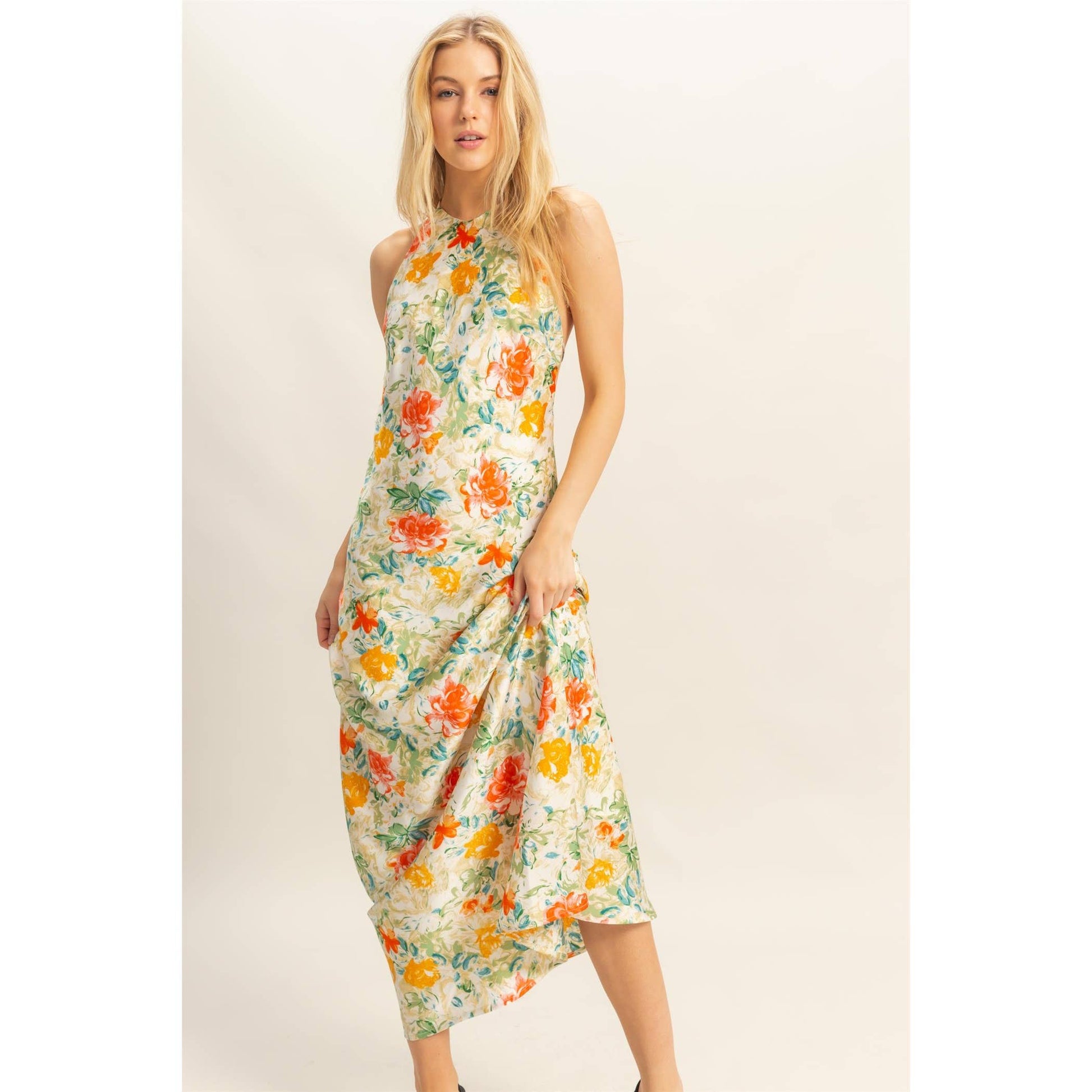 Floral Print Halter Neck Satin Maxi Dress APPLE GREEN / Large Floral Print Halter Neck Satin Maxi Dress APPLE GREEN / Large