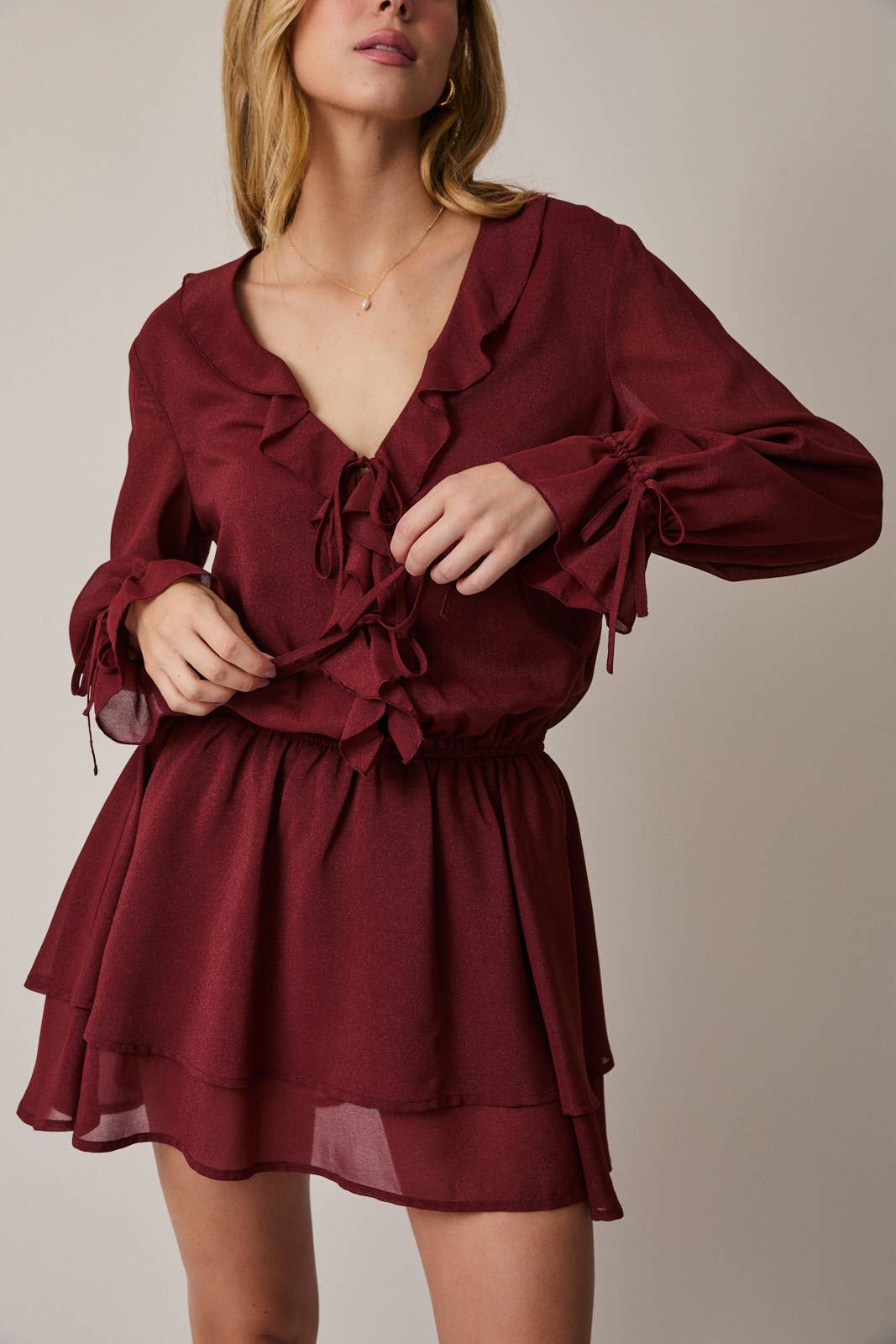FRILLED V-NECK LONG SLEEVE MINI DRESS Sunday Edition by LE LIS