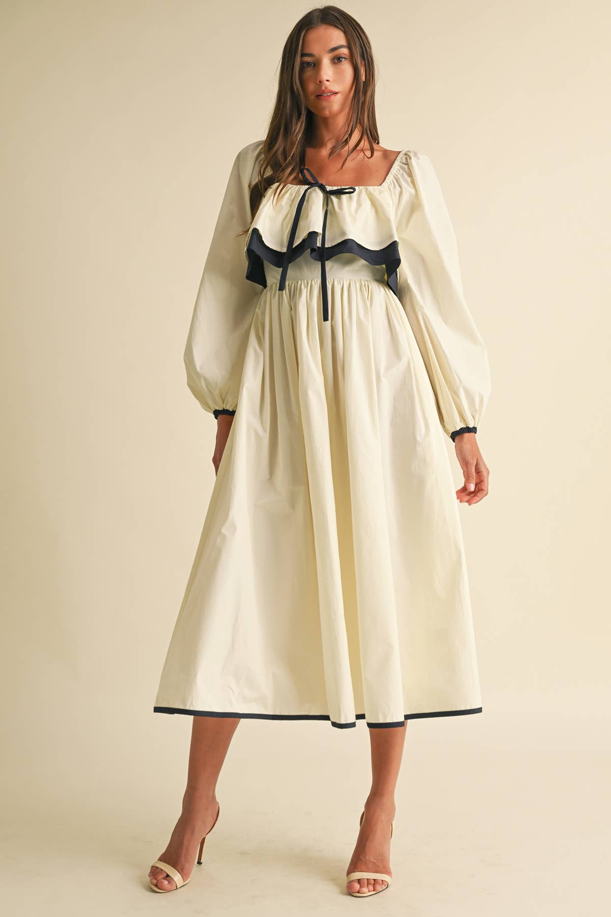 Karina Ruffle Long Sleeve Midi Cotton Dress CREAM/NAVY / Contemporary / S