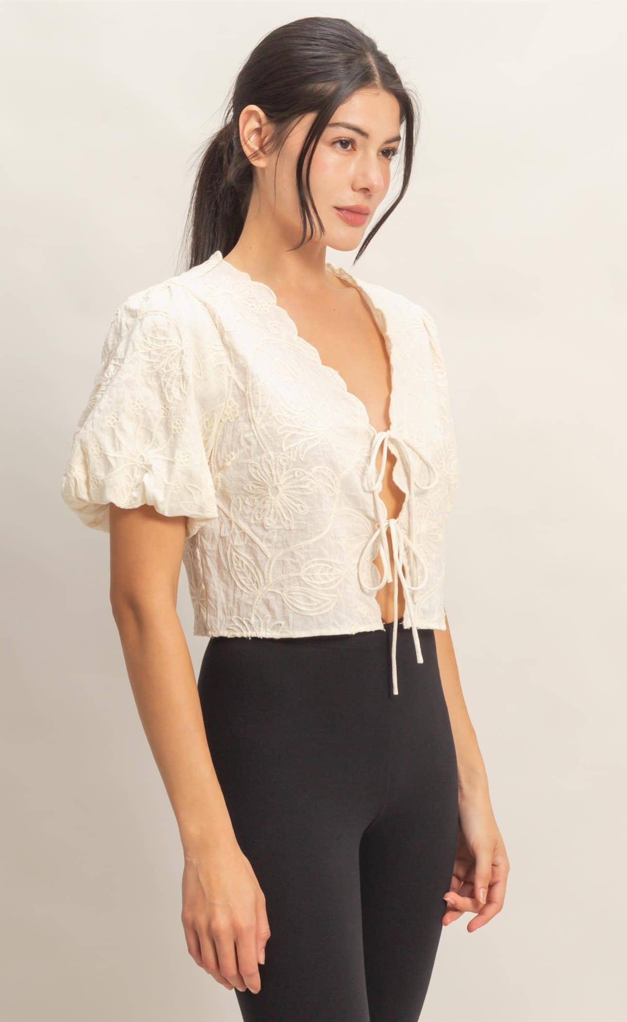 Floral Embroidered Tie-Front Top HYFVE