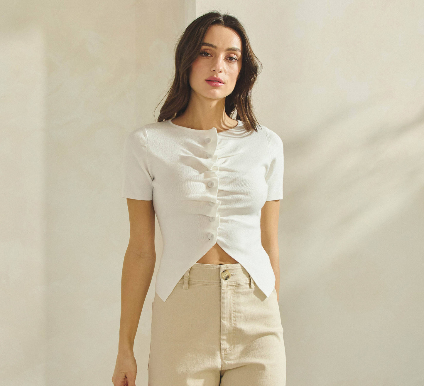 Button Pleated Split Knit Top