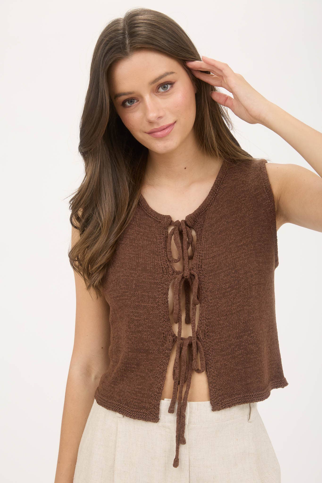 FRONT TIE SLEEVELESS KNIT SWEATER VEST