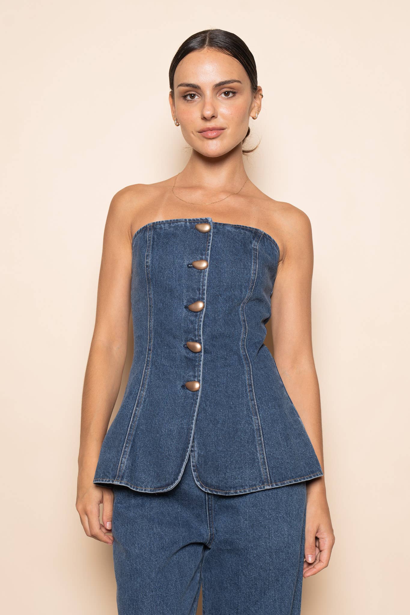 DENIM JEAN STRAPLESS BUTTON FRONT FITTED TUBE TOP - TI6949FO Fore Collection